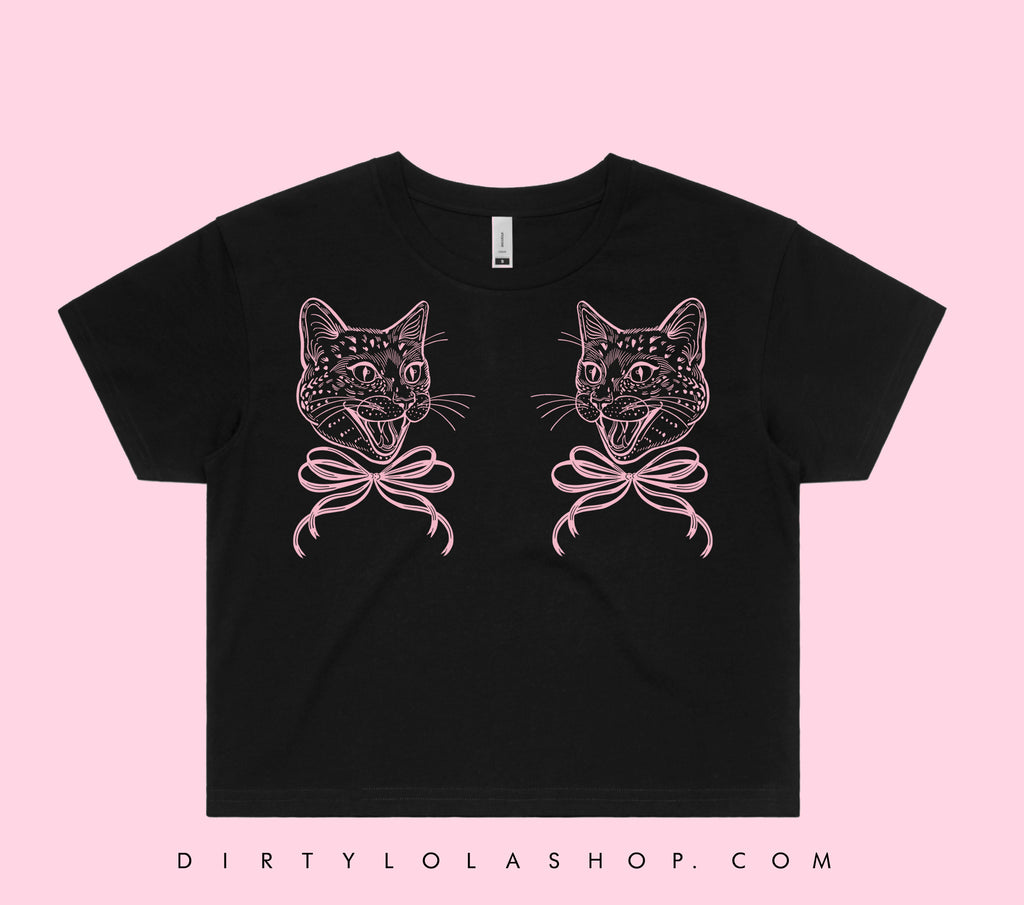CROPPED SHIRT - BLACK &  PINK - HISSING CAT SHIRT