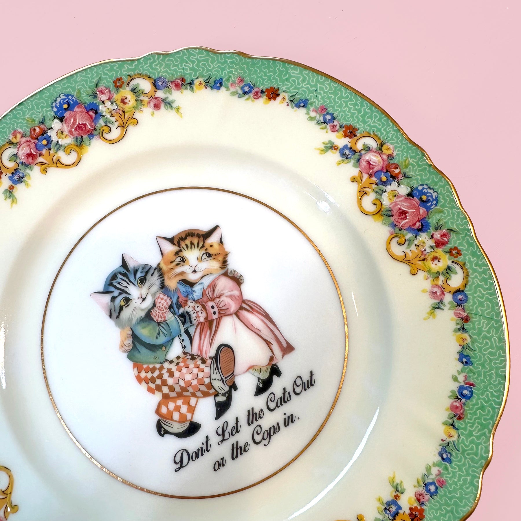 Vintage Art Plate - Large Cat plate - "Don't Let the Cats Out or the Cops in."