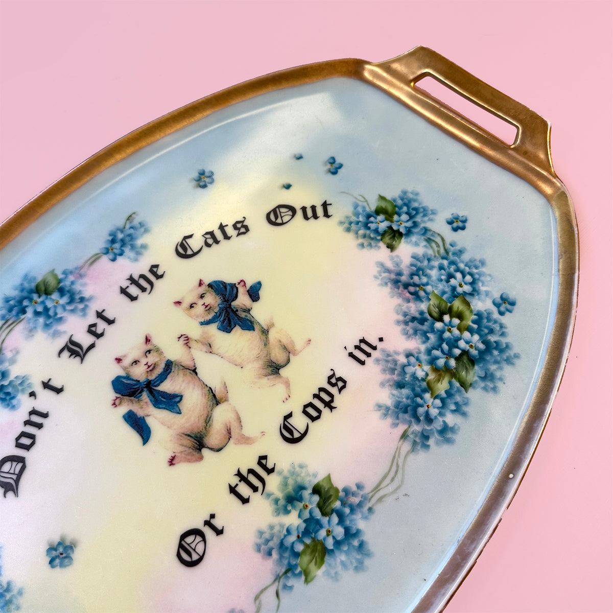 Antique Art Platter - Cat Vanity Tray - Dresser Tray -  "Don't let the Cats Out" -DISCOUNTED