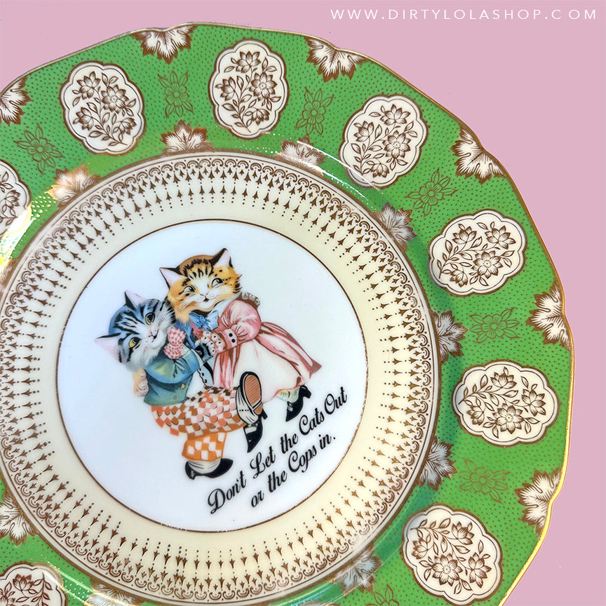 Antique Art Plate - Large Cat plate - "Don't Let the Cats Out or the Cops in."