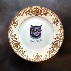 Vintage Art Plate - Small Cat plate - "Hail Satan"