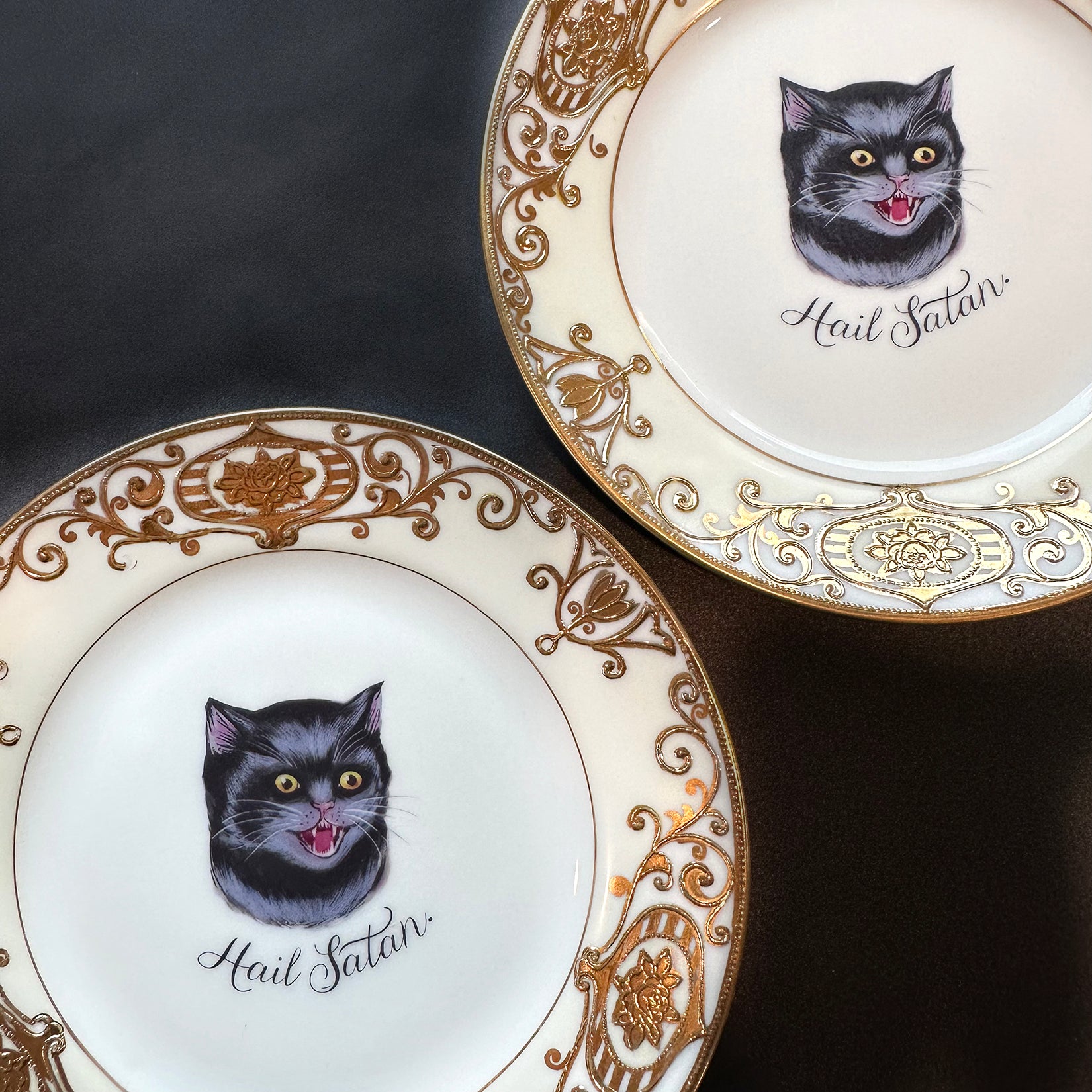 Vintage Art Plate - Small Cat plate - "Hail Satan"