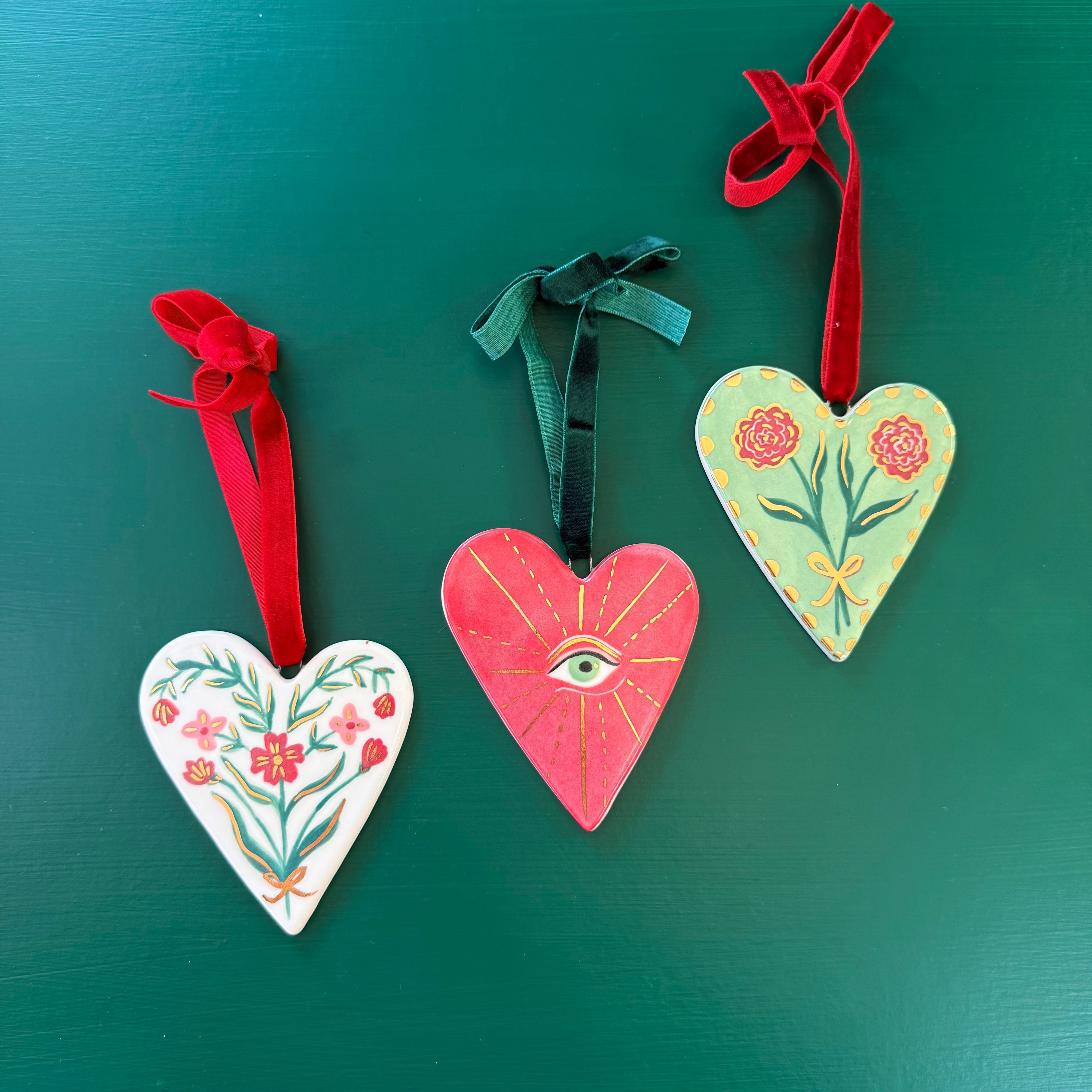 PORCELAIN ORNAMENT -  FOLK HEARTS