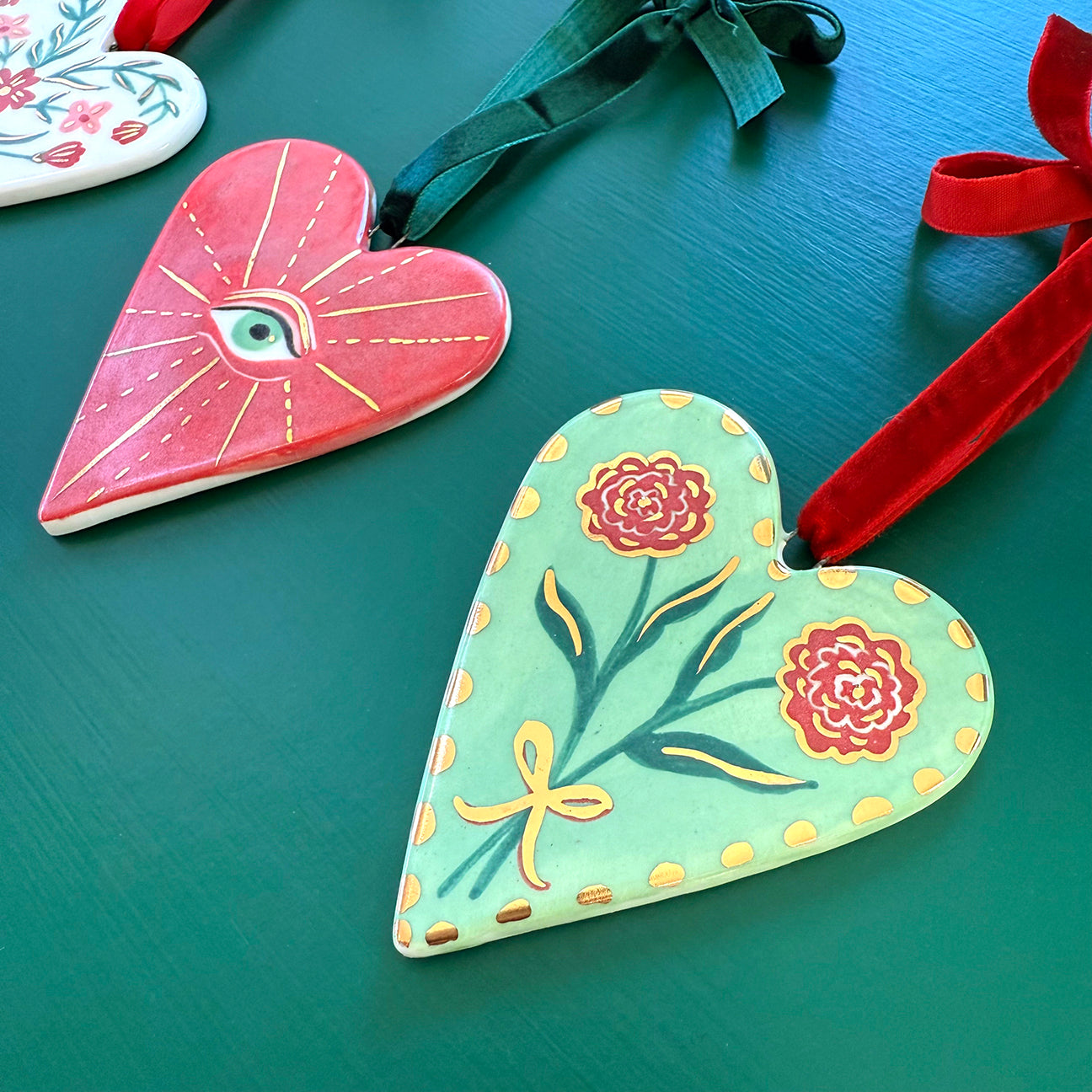PORCELAIN ORNAMENT -  FOLK HEARTS