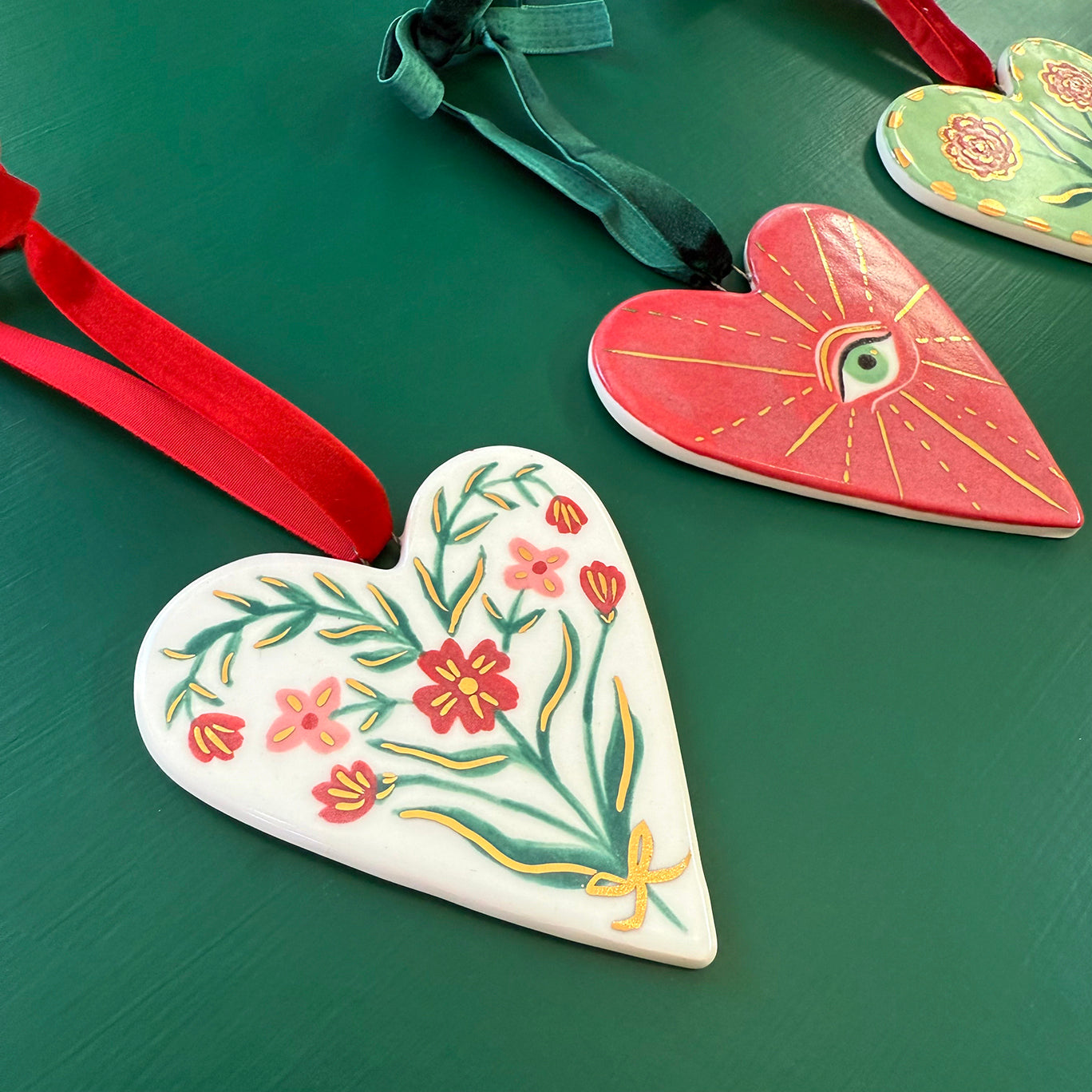 PORCELAIN ORNAMENT -  FOLK HEARTS