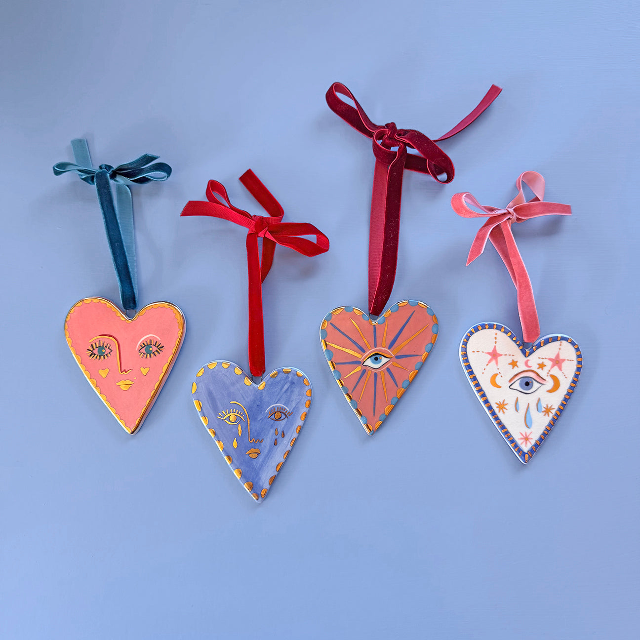 PORCELAIN ORNAMENT -  FOLK HEARTS