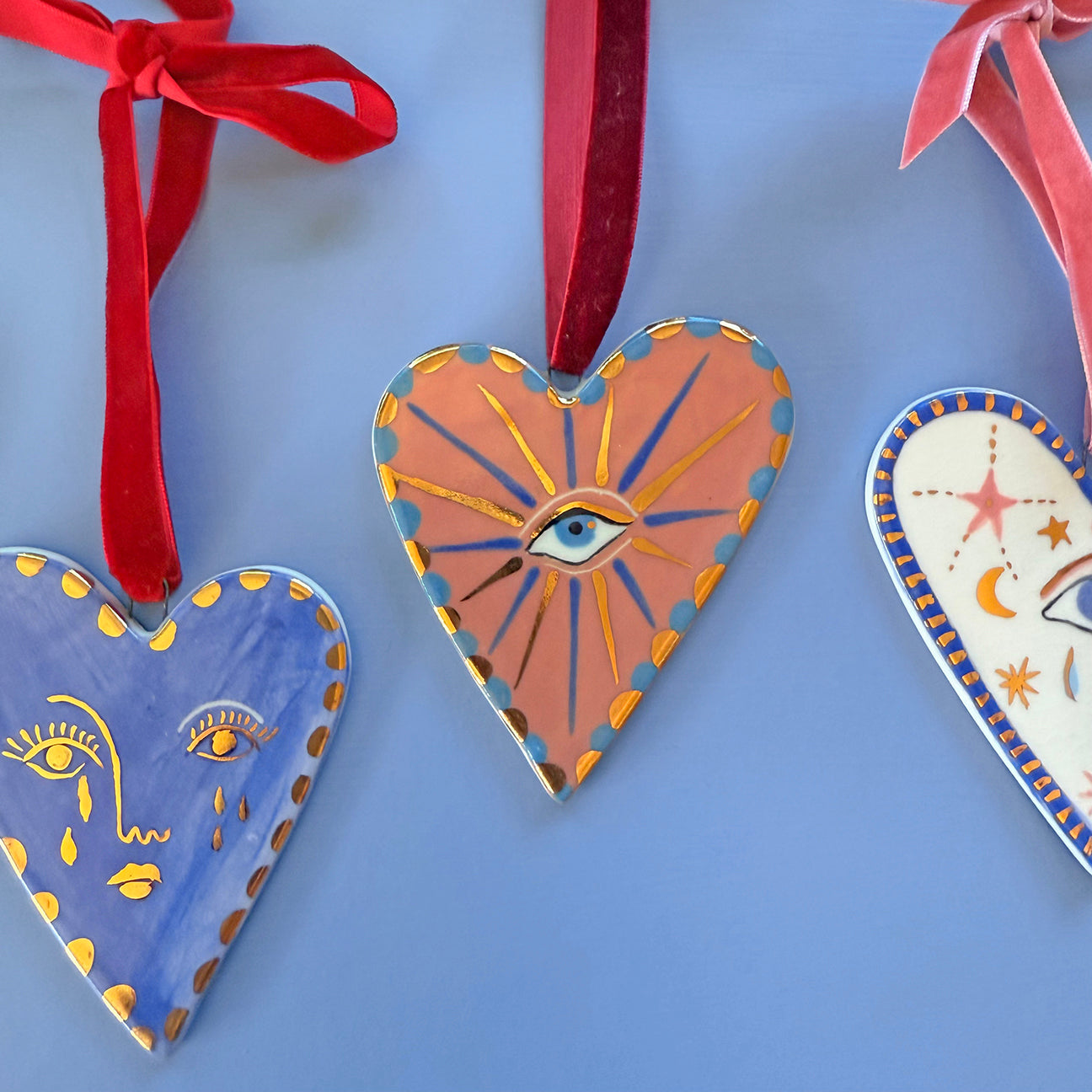 PORCELAIN ORNAMENT -  FOLK HEARTS