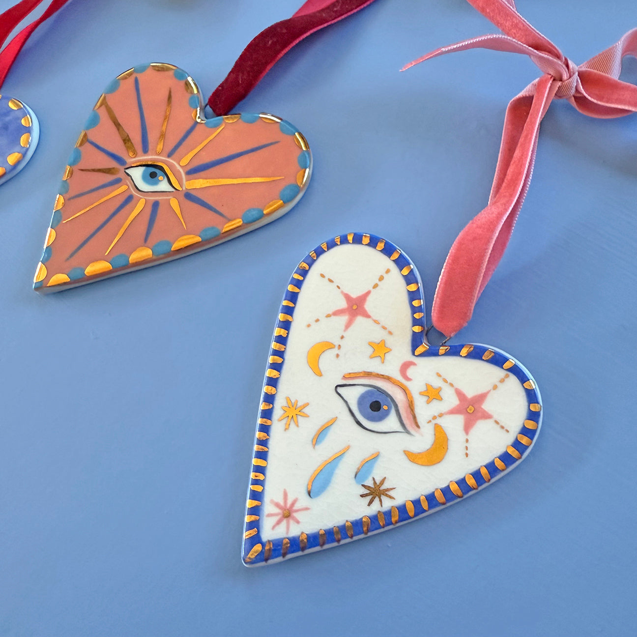 PORCELAIN ORNAMENT -  FOLK HEARTS
