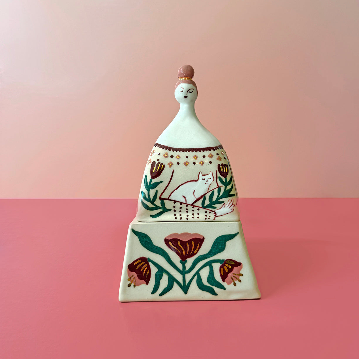 HAND BUILT FOLK ART - CAT LADY TRINKET BOX