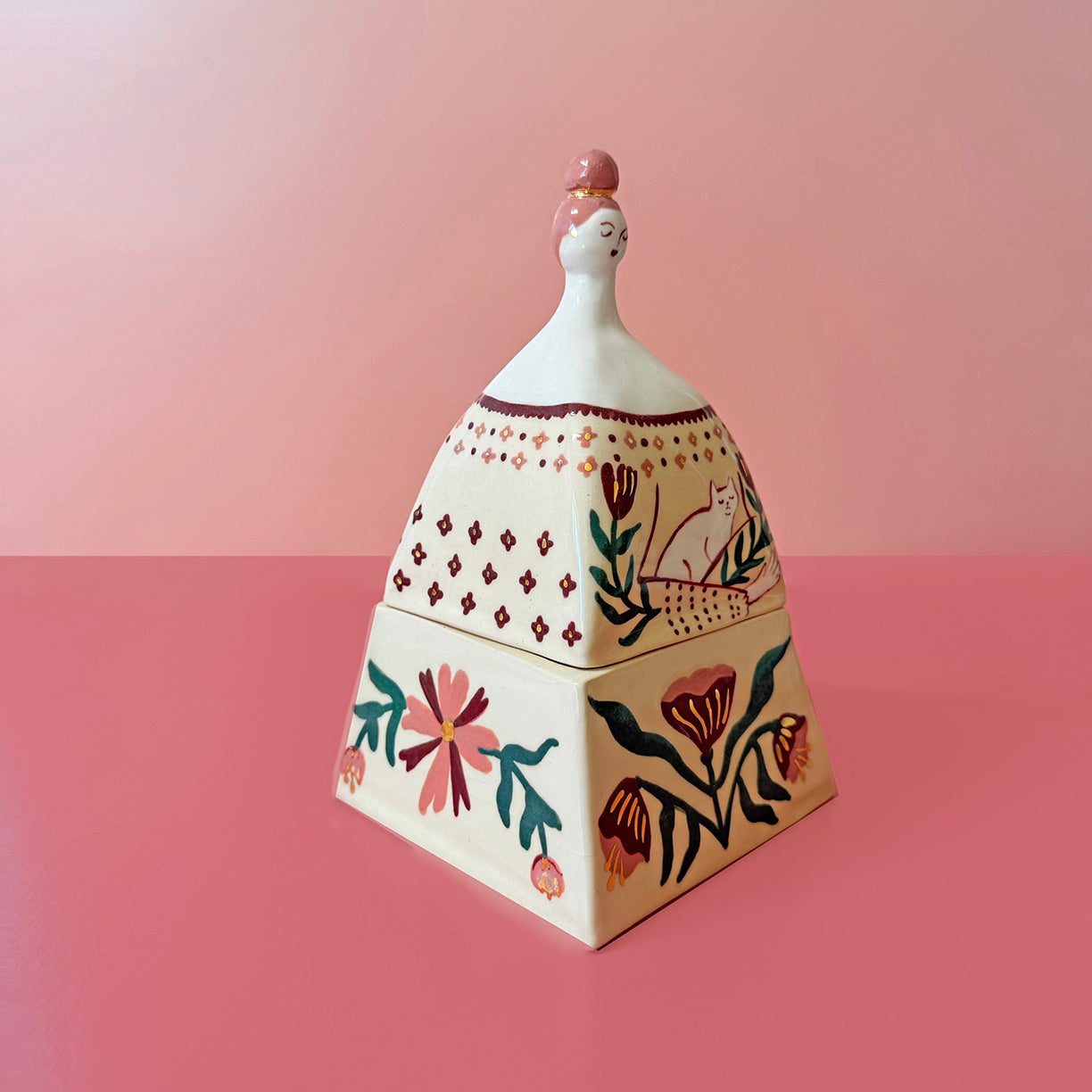 HAND BUILT FOLK ART - CAT LADY TRINKET BOX