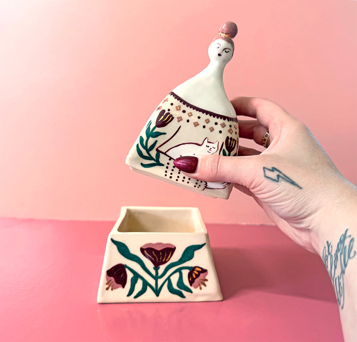 HAND BUILT FOLK ART - CAT LADY TRINKET BOX