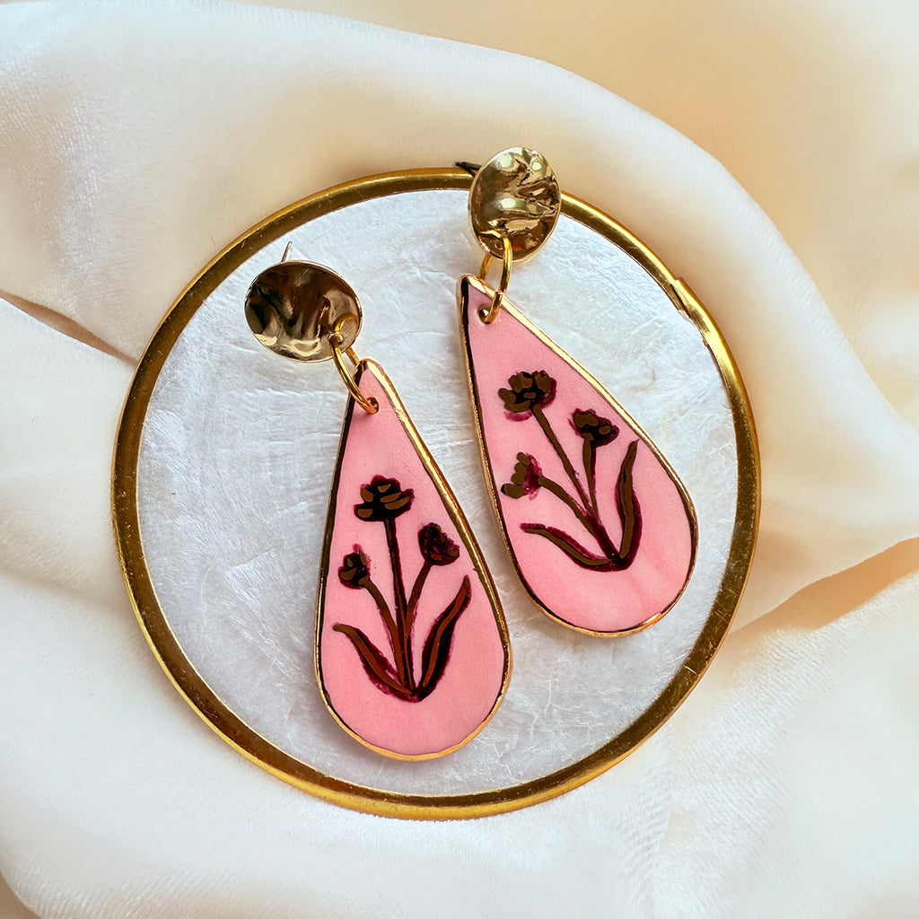 Porcelain Tear Drop Earrings - Pink Folk Florals