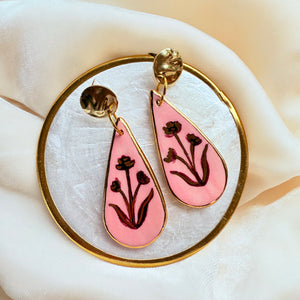 Porcelain Tear Drop Earrings - Pink Folk Florals