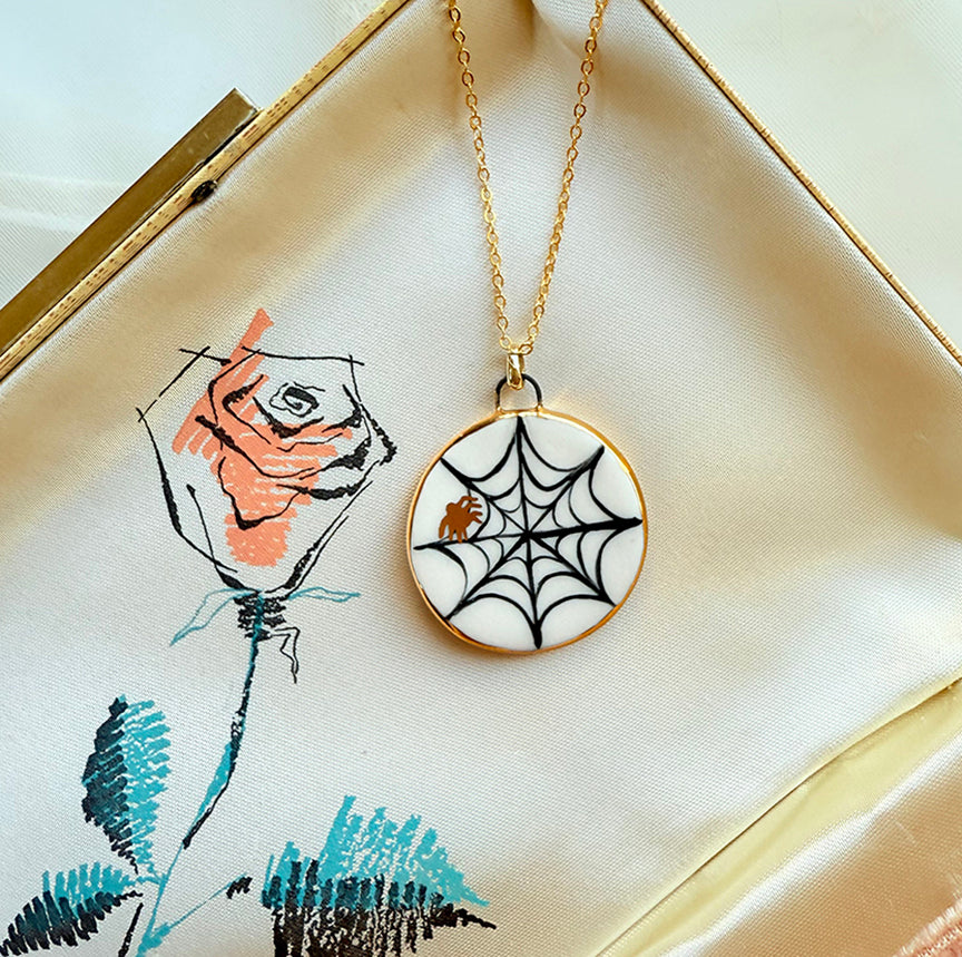 Porcelain Cat Charm Necklace- Spiderweb