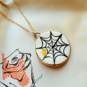 Porcelain Cat Charm Necklace- Spiderweb