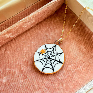 Porcelain Cat Charm Necklace- Spiderweb