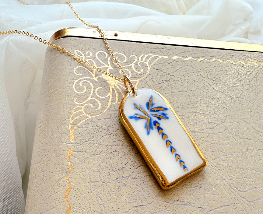 Porcelain Cat Charm Necklace- Blue Palm