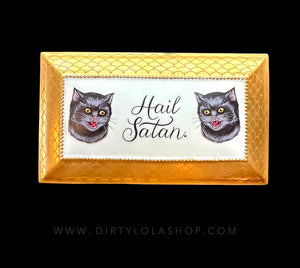 Antique Cat Jewelry Box - Trinket Box - "Hail Satan."