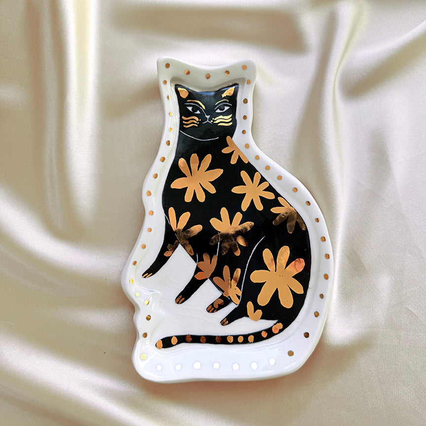 Porcelain Cat Jewelry Tray - Gold Daisy