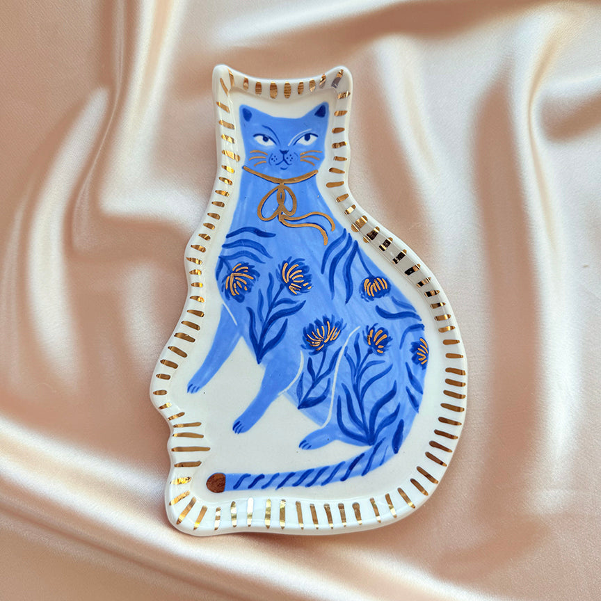 Porcelain Cat Jewelry Tray - Blue Floral