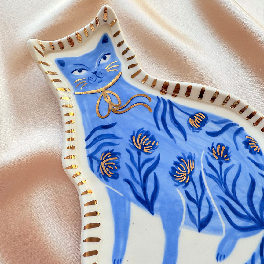 Porcelain Cat Jewelry Tray - Blue Floral