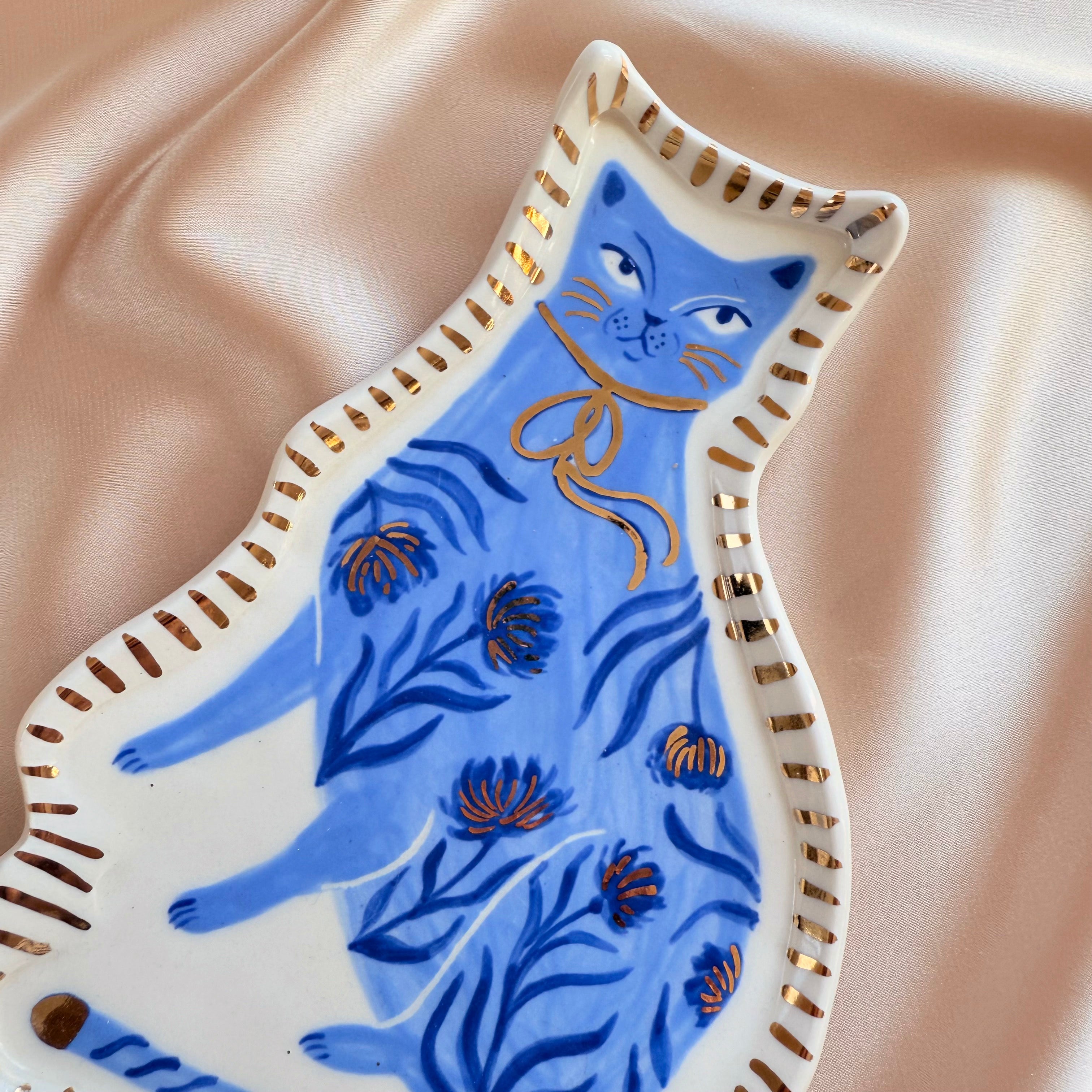 Porcelain Cat Jewelry Tray - Blue Floral