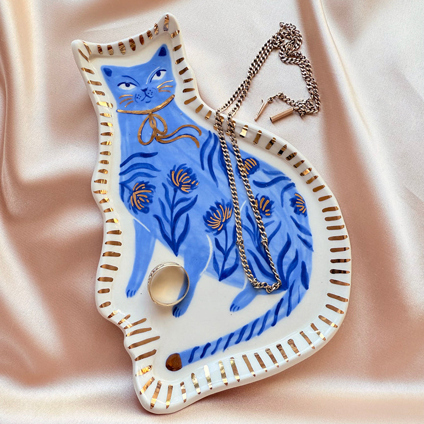 Porcelain Cat Jewelry Tray - Blue Floral