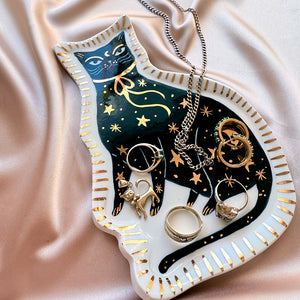 Porcelain Cat Jewelry Tray - Stars & Moon