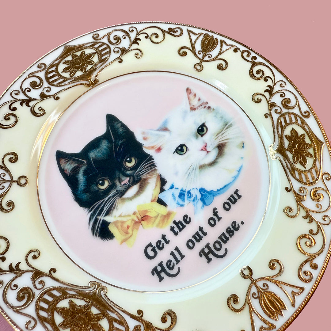 SMALL VINTAGE CAT PLATE - GET THE HELL OUT OF OUR HOUSE