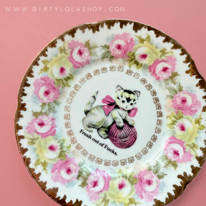 ANTIQUE CAT PLATE -FRESH OUT OF FUCKS.