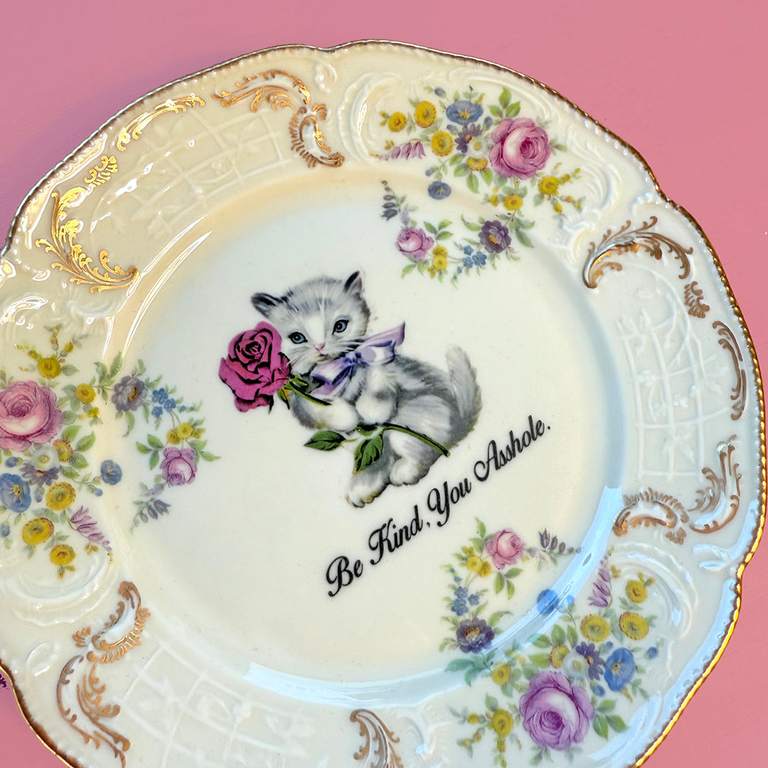 ANTIQUE CAT PLATE - BE KIND, YOU ASSHOLE.