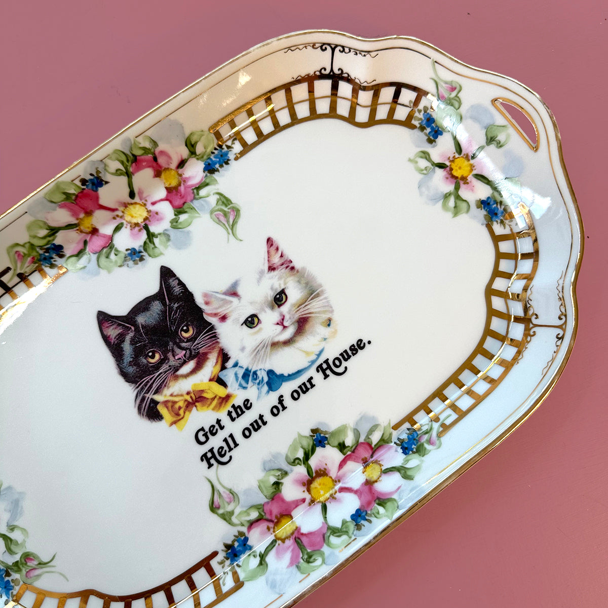 Antique Art Platter - Cat plate - "Get the Hell Out of Our House"