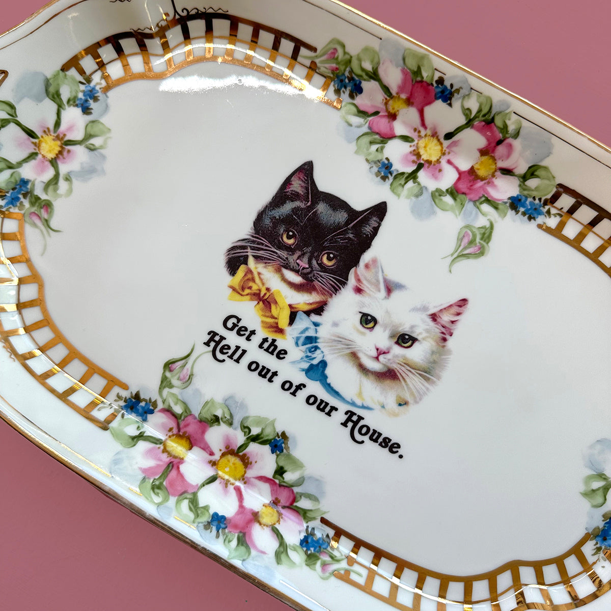 Antique Art Platter - Cat plate - "Get the Hell Out of Our House"