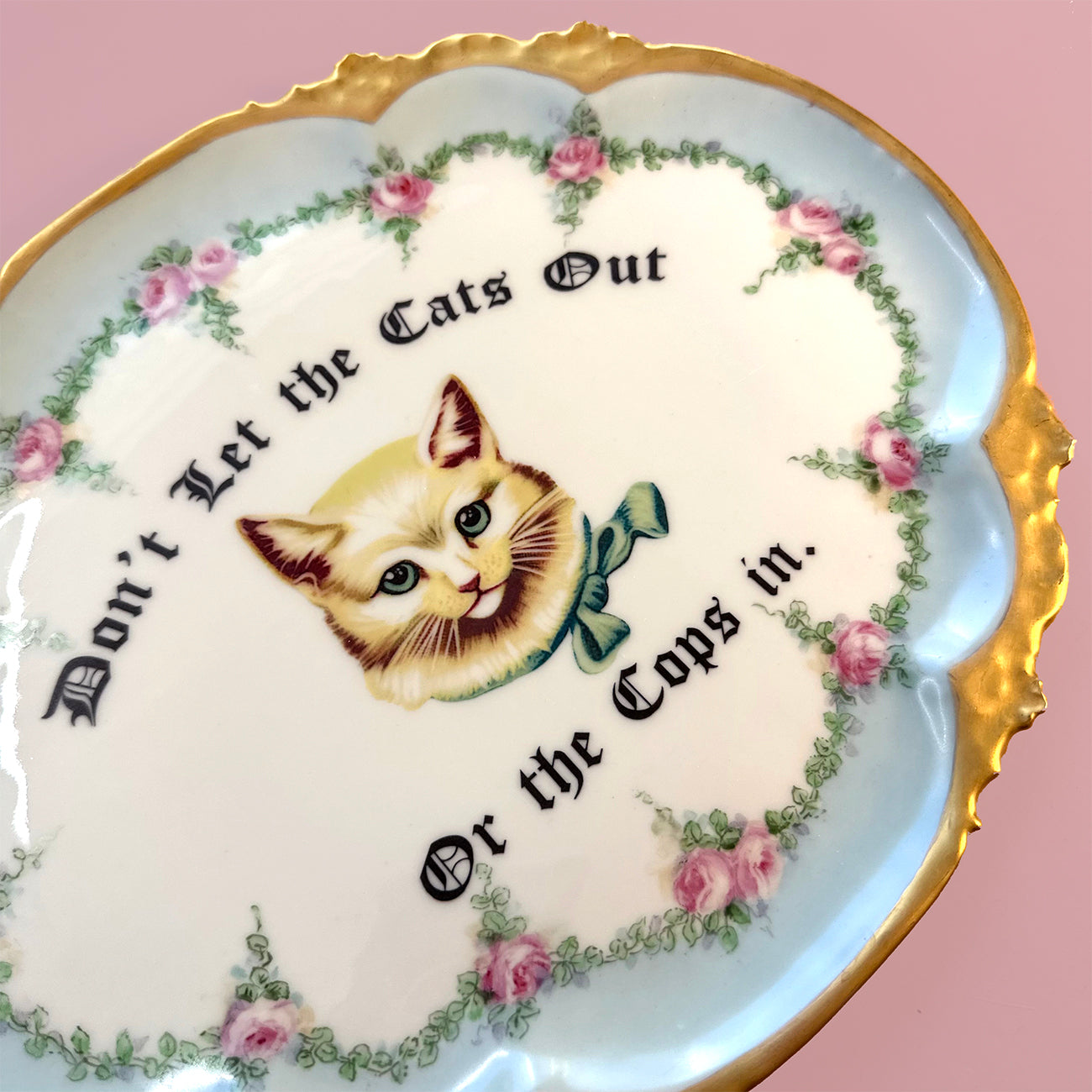 Antique Art Platter - Cat platter - "Don't let the Cats Out of the Cops in."