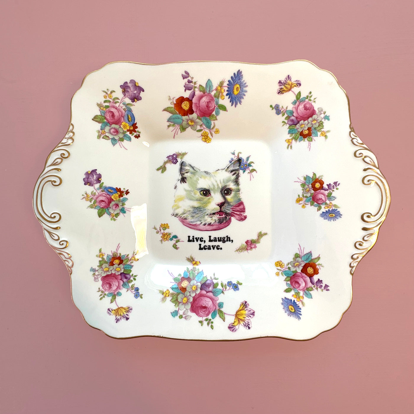 Antique Art Plate - Cat plate - "Live, Laugh, Leave."