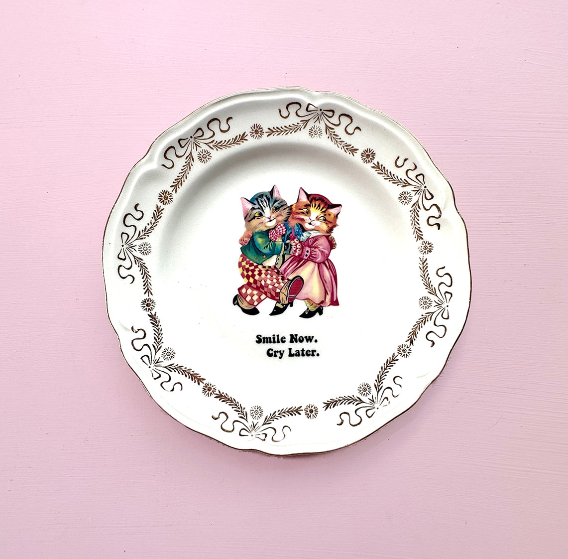 Small Vintage Saucer Plate - Cat Saucer Plate - "Smile Now, Cry Later"