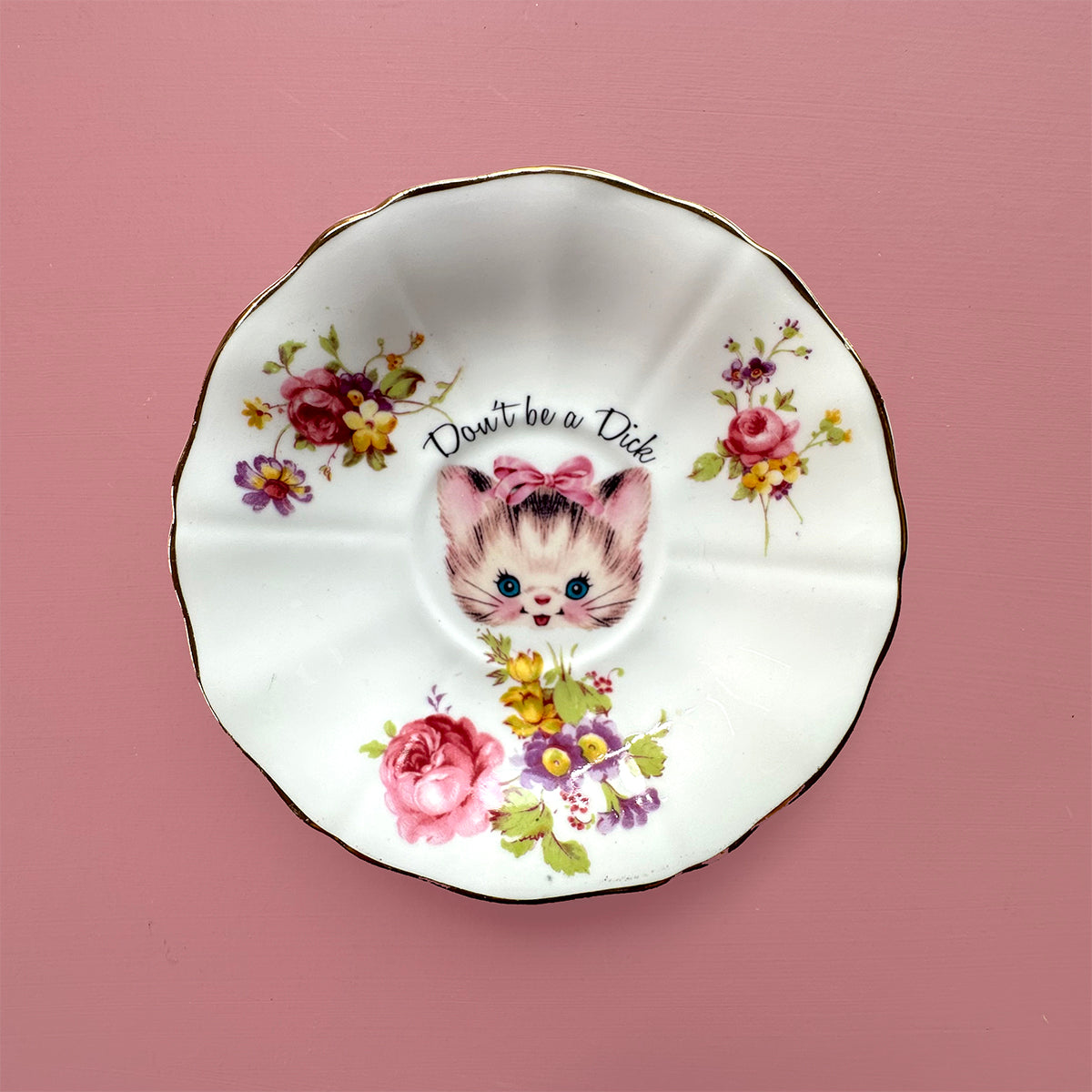 Vintage SMALL Saucer Plate - Cat Art Plate - "Don't be a Dick."