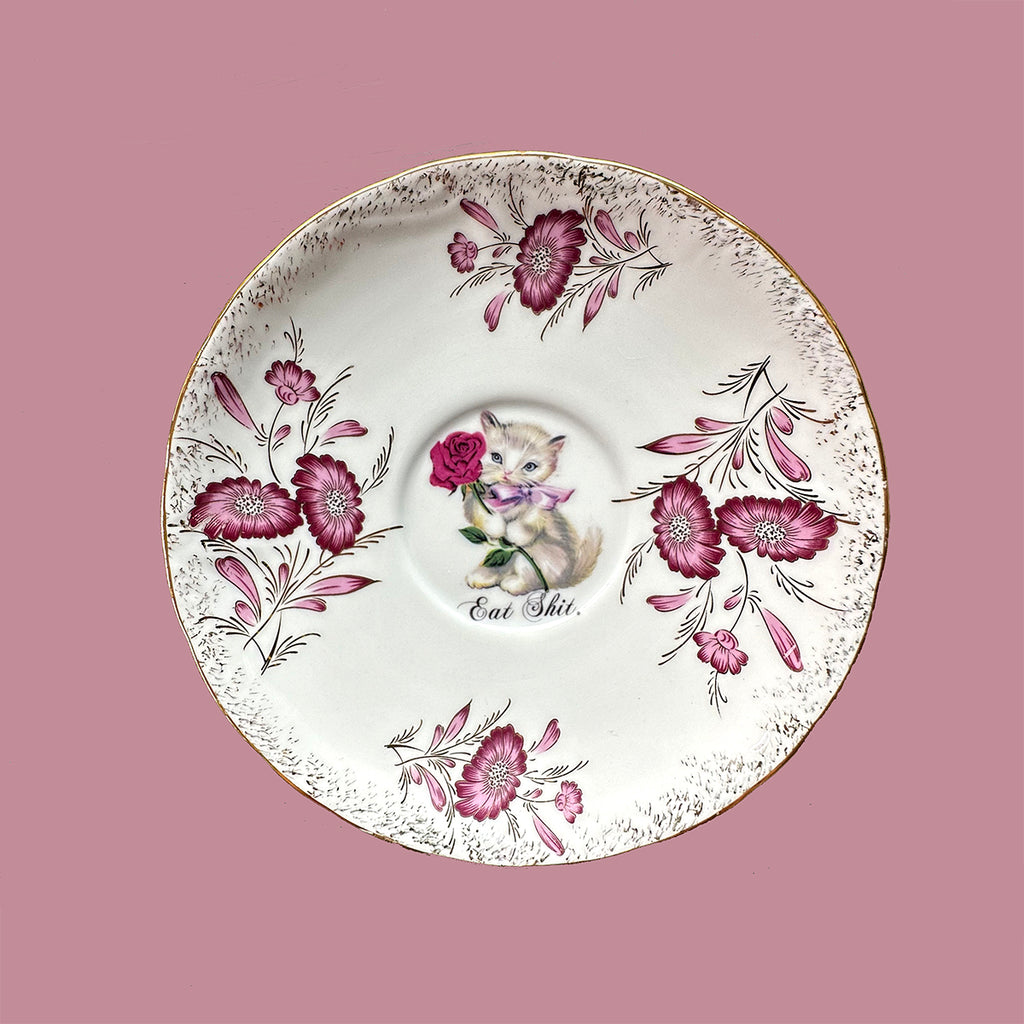 Vintage SMALL Saucer Plate - Cat Art Plate - "Eat Shit"