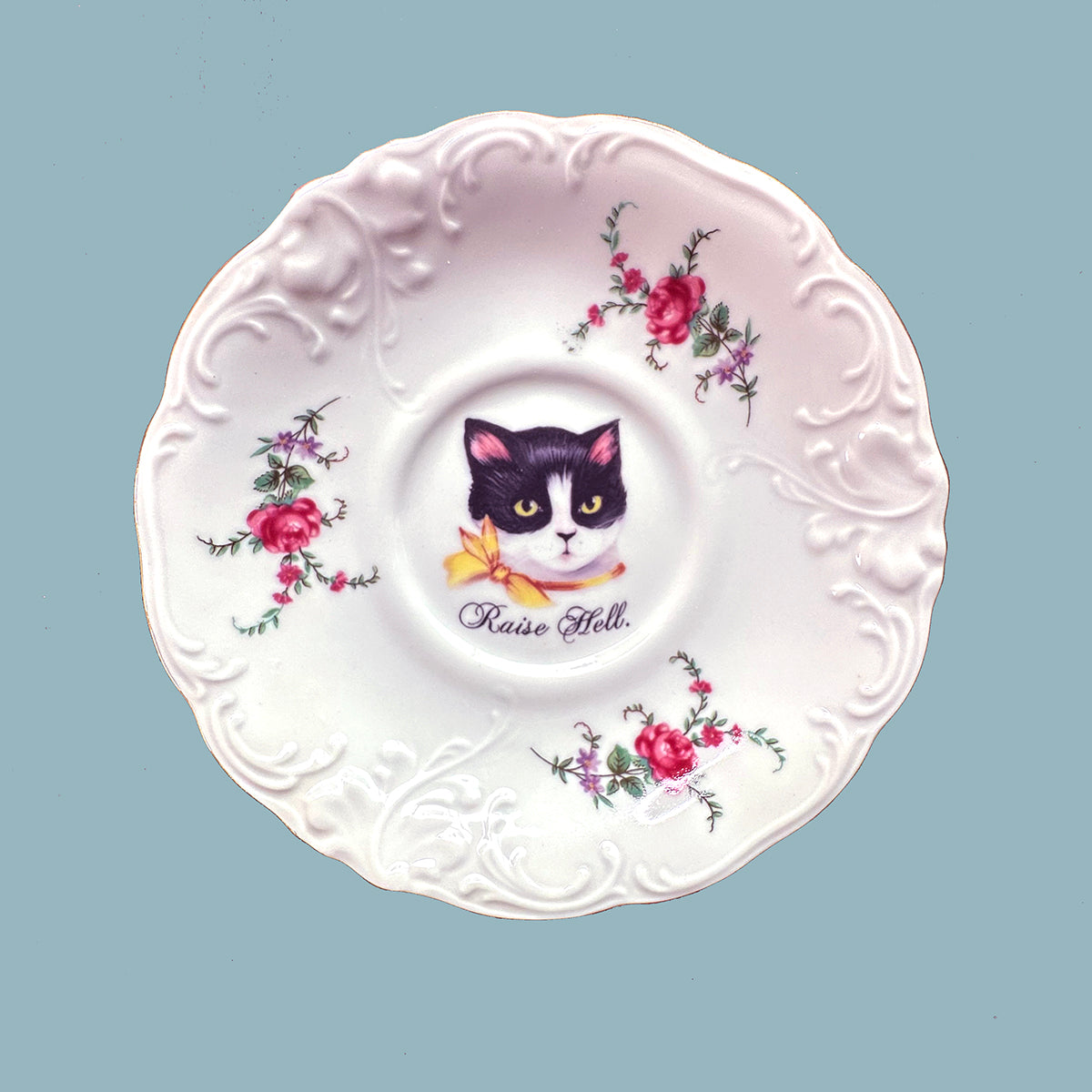 Vintage SMALL Saucer Plate - Cat Art Plate - "Raise Hell"