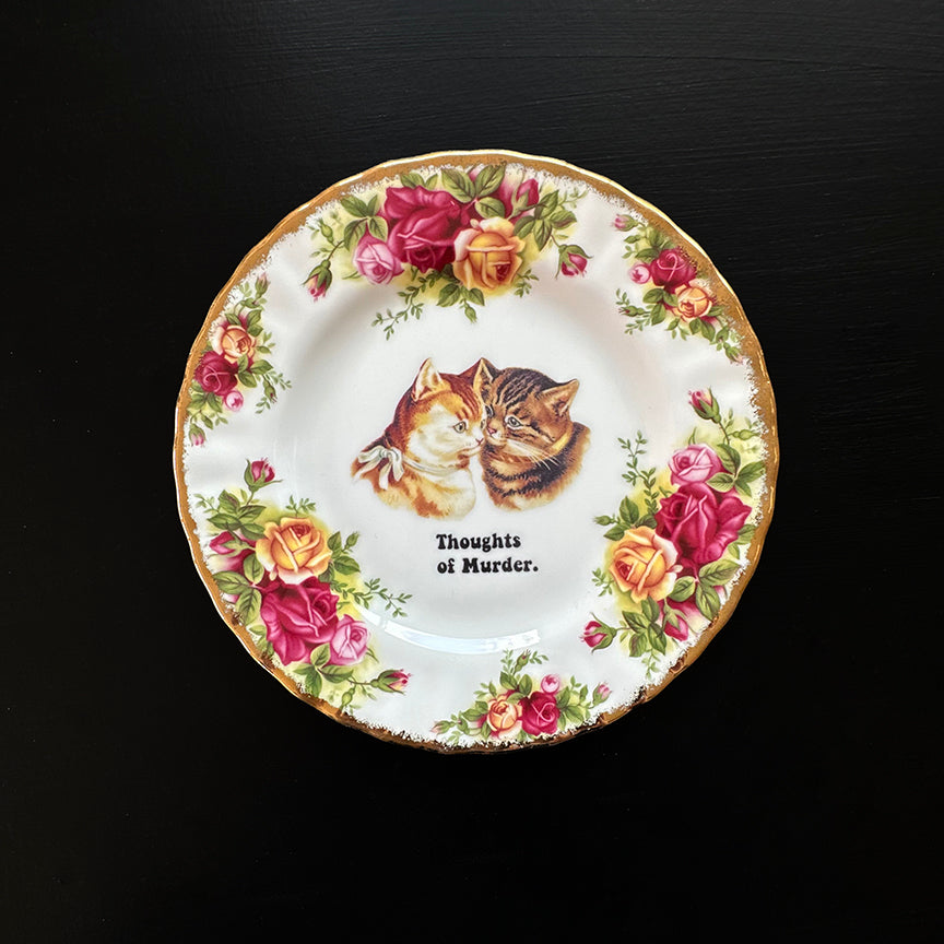 Vintage SMALL Saucer Plate - Cat Art Plate - "Thoughts of Murder"
