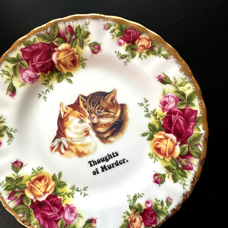 Vintage SMALL Saucer Plate - Cat Art Plate - "Thoughts of Murder"