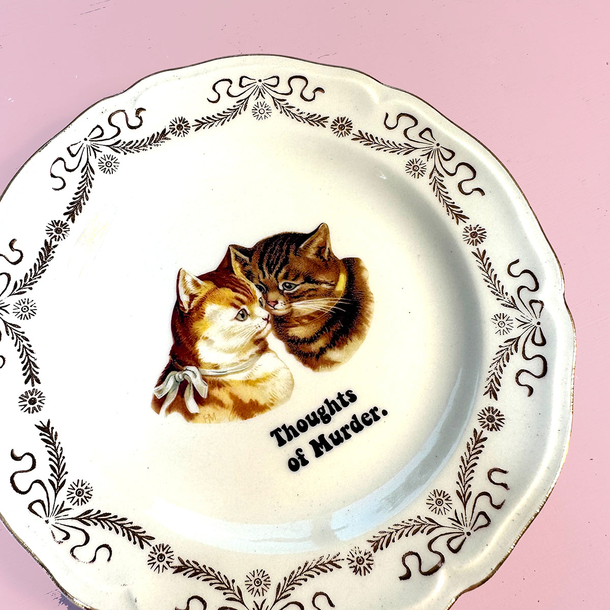 Vintage SMALL Saucer Plate - Cat Art Plate - "Thoughts of Murder."