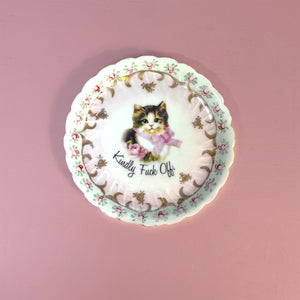 Vintage SMALL Saucer Plate - Cat Art Plate - "Kindly Fuck Off."