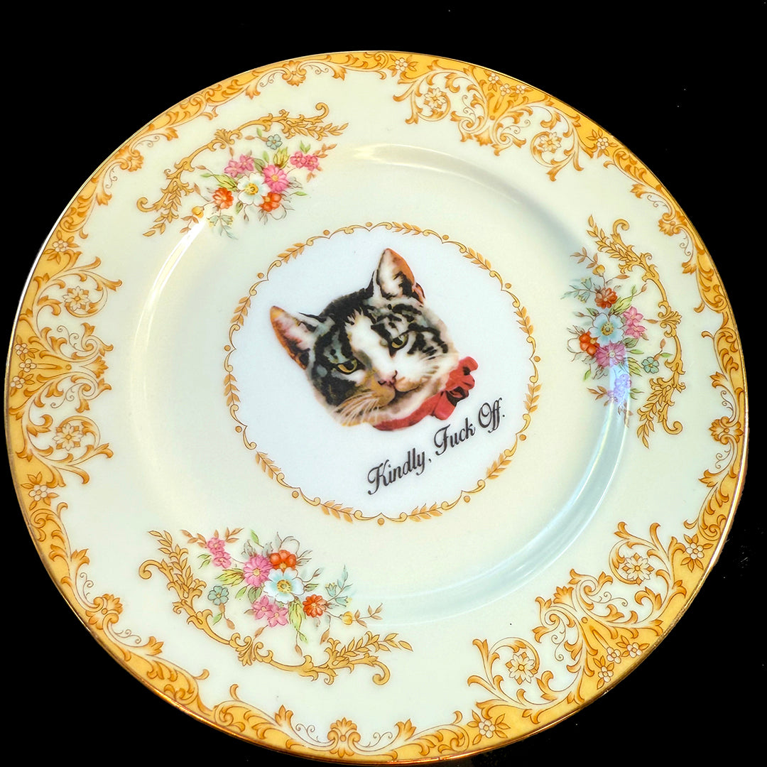 ANTIQUE CAT ART PLATE - KINDLY FUCK OFF