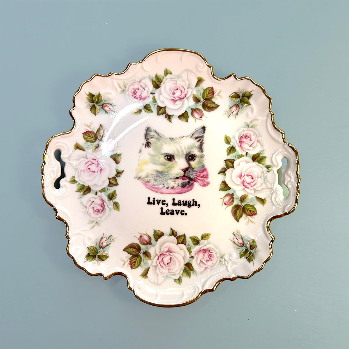 Antique Art Plate -  Cat plate - "Live, Laugh, Leave"