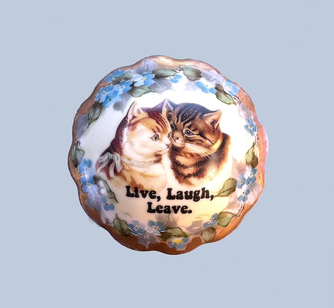 Antique Limoges Trinket Box - Cat - "Live, Laugh, Leave."