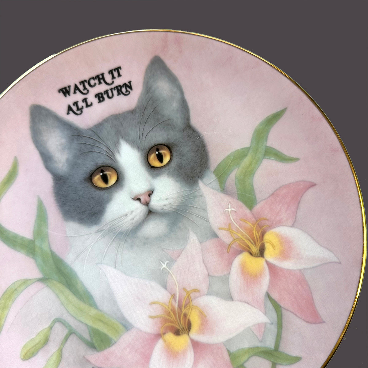 Vintage Art Plate - Cat plate - "Watch it all Burn"