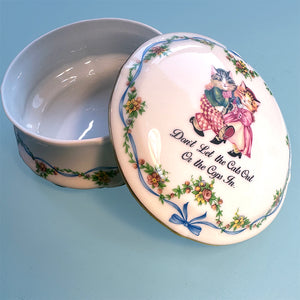 Antique Large Limoges Trinket Box - Cat - "Don't Let the Cats out or the Cops in"